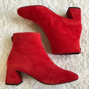 RED GENUINE SUEDE SQUARE TOE BLOCK HEEL BOOTIES